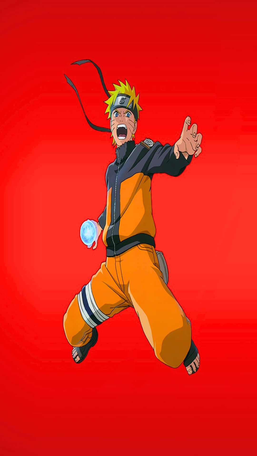 Naruto ready 壁紙 — 漩渦鳴人動態地跳躍在純紅色背景上，手中握著一個發光的藍色球體。