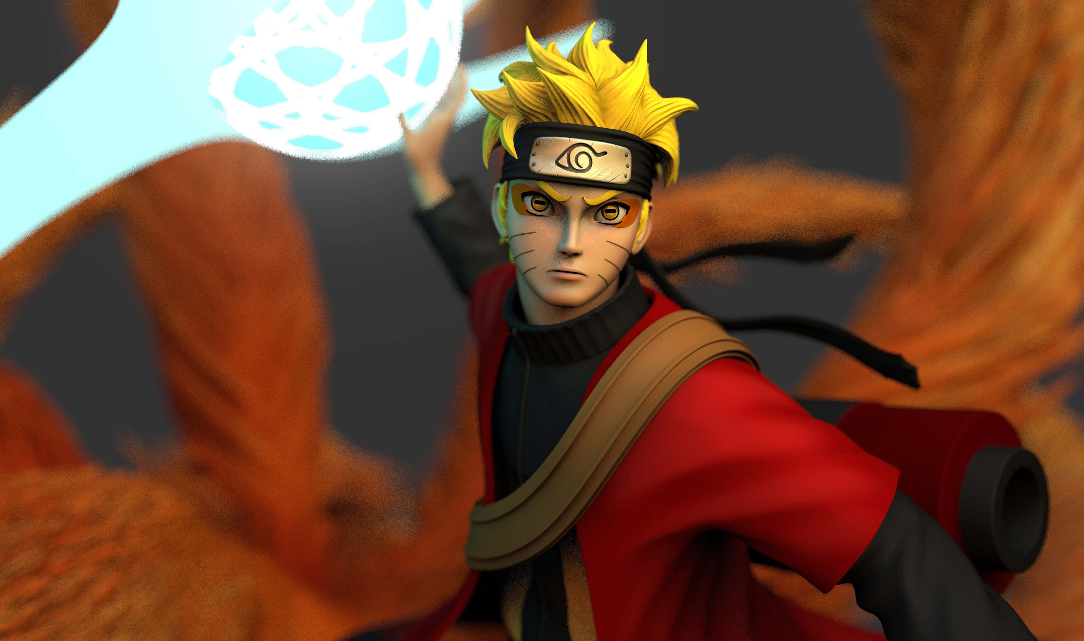 Naruto Anime 桌布 壁紙 — 漩渦鳴人在九尾查克拉模式下，於黑暗背景中揮舞著發光的藍色螺旋丸。