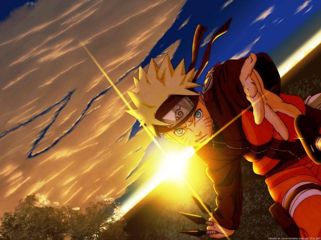 火影忍者 桌布 壁紙 — 漩渦鳴人在夕陽西下、雲層翻湧的天空下，釋放出明亮的黃色查克拉衝擊波。