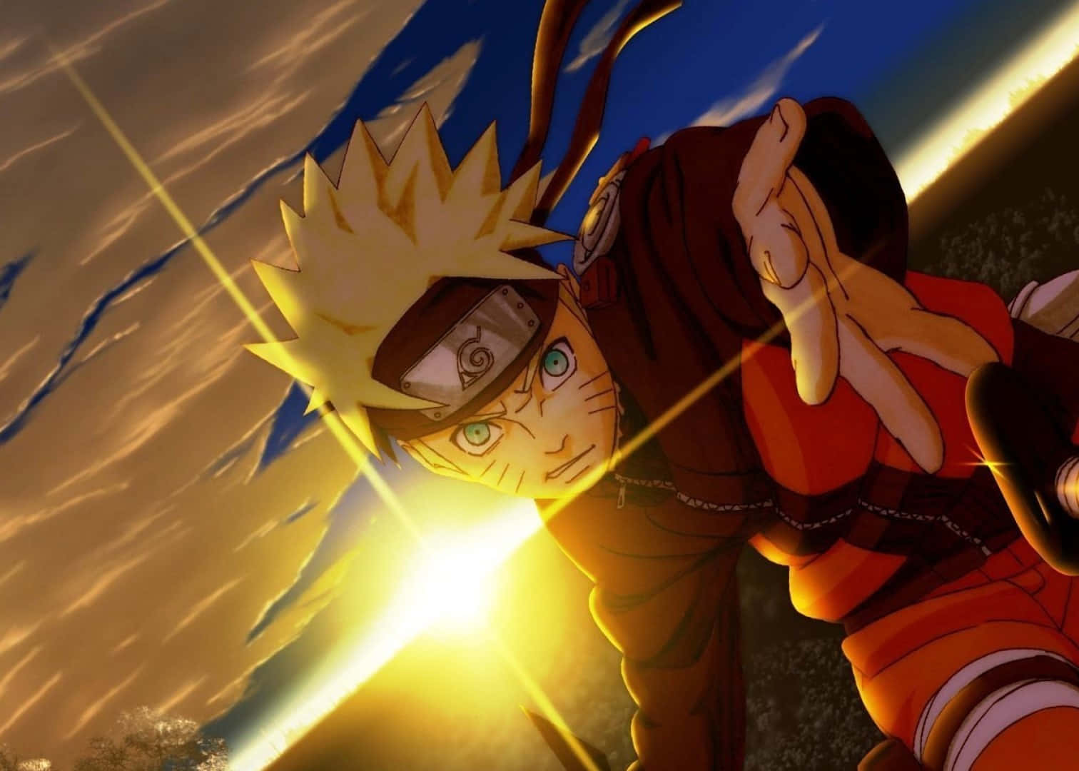 Naruto Rasengan 桌布 壁紙 — 漩渦鳴人在戲劇性的天空下，以強烈的專注力引導出明亮的黃色查克拉爆發。