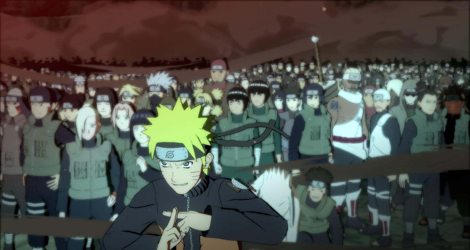 Ninja World 桌布 壁紙 — 漩渦鳴人在戲劇性的紅色天空背景下，對著一大群忍者自信地微笑。