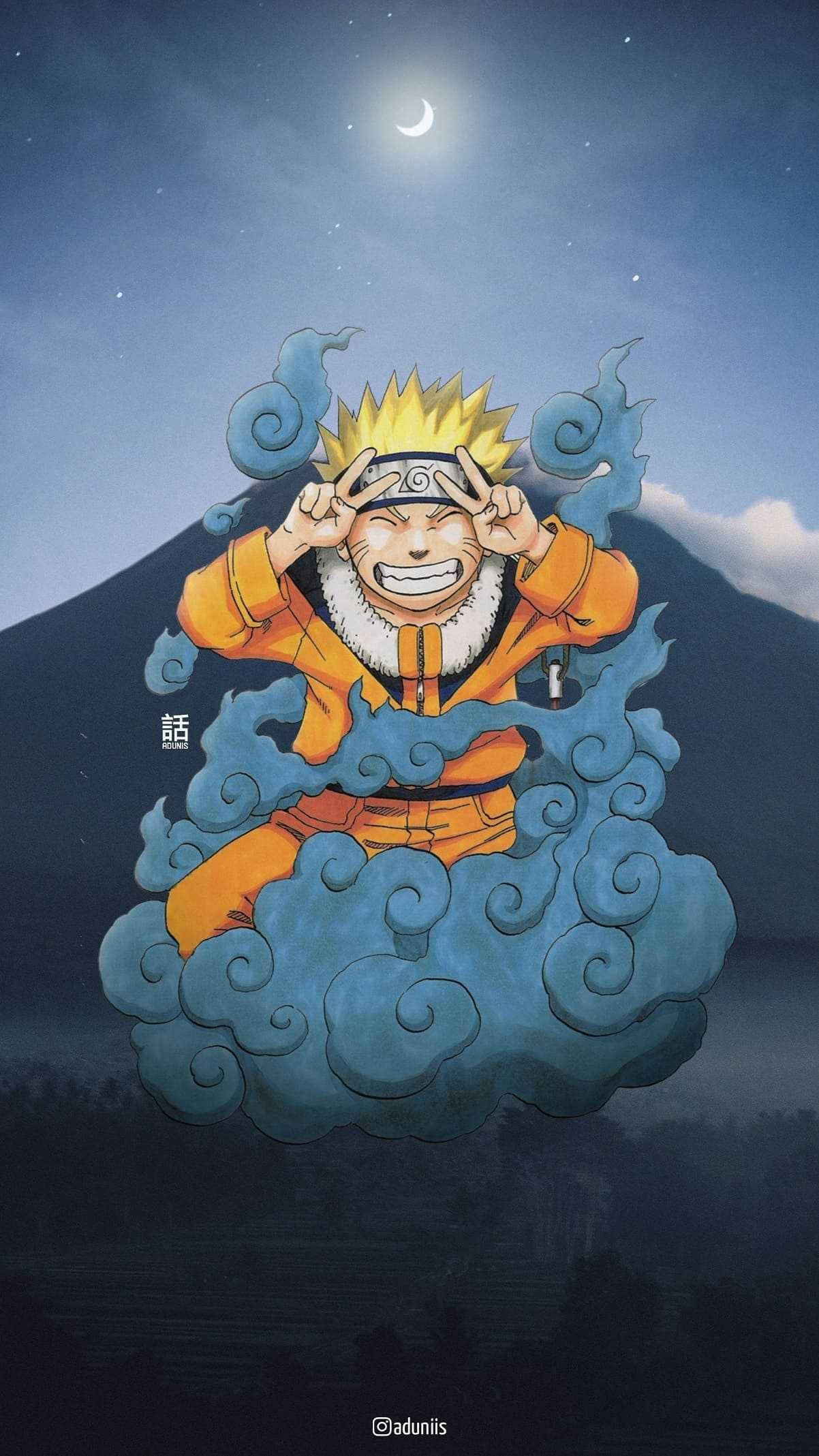 火影忍者 桌布 壁紙 — 漩渦鳴人坐在新月下旋轉的藍色雲朵上，露出愉快的笑容，雙手放在頭上。