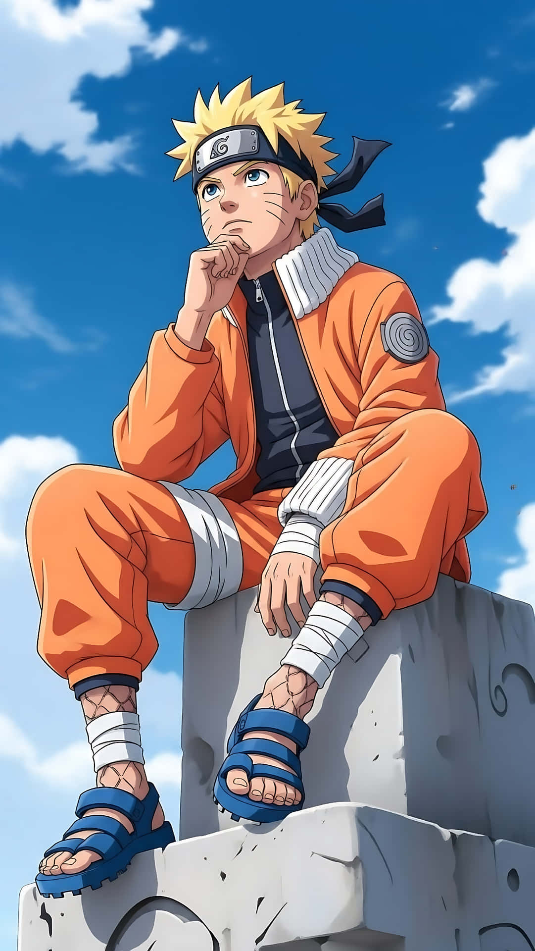 Classic Naruto Uzumaki Orange Outfit HD Wallpaper 壁紙 — 漩渦鳴人坐在石台上，若有所思，頭上是晴朗的藍天和白雲。