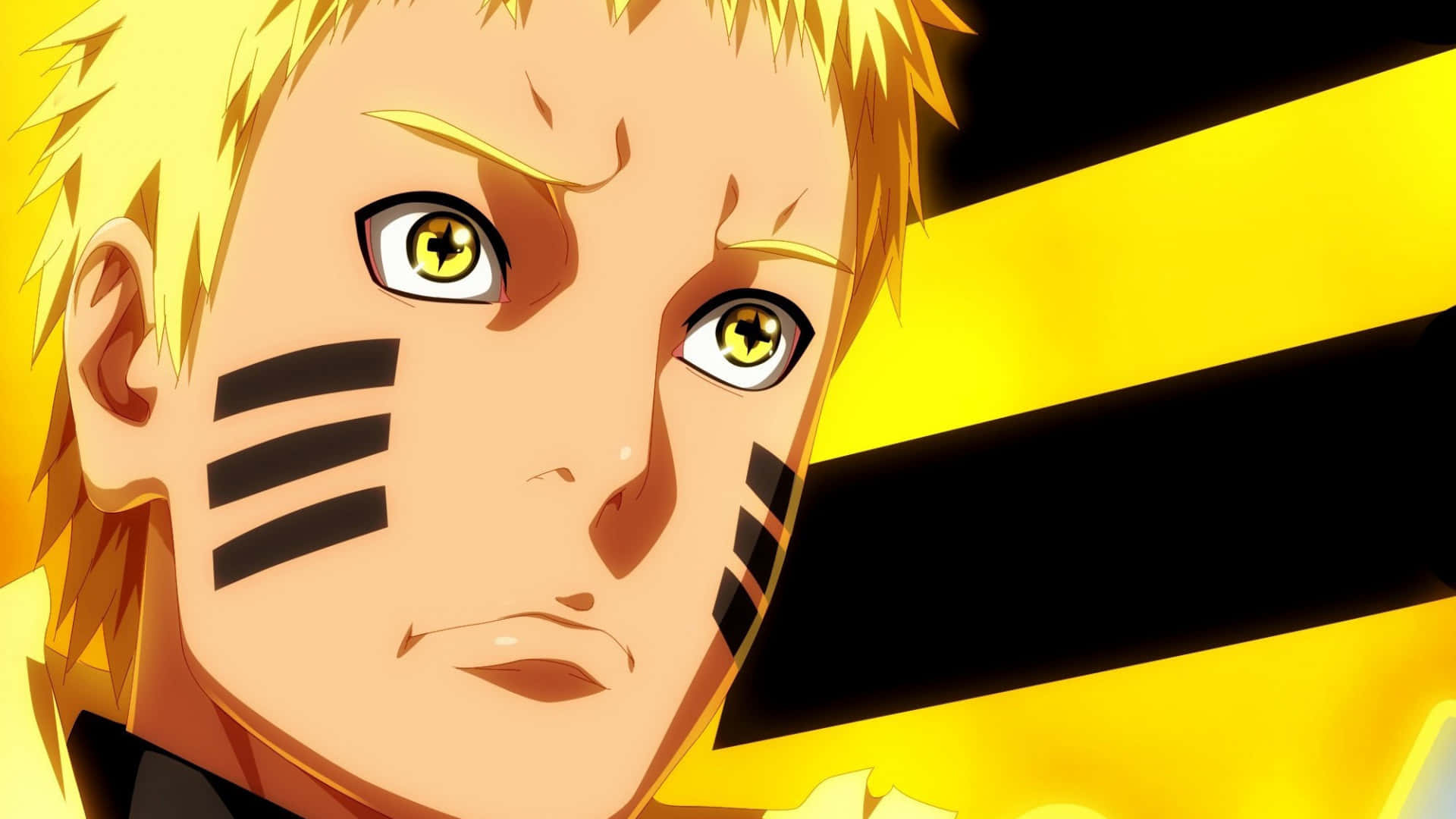 Naruto Sage Mode 桌布 壁紙 — 漩渦鳴人特寫，表情堅定，眼睛發出黃光，背景為大膽的黃色和黑色。