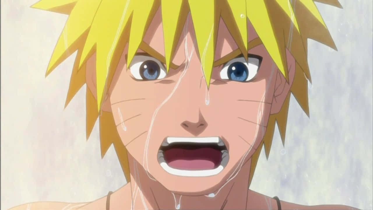 桌布 壁紙 — 漩渦鳴人特寫，金色刺蝟頭和藍色眼睛，水珠從臉上滴落時尖叫。