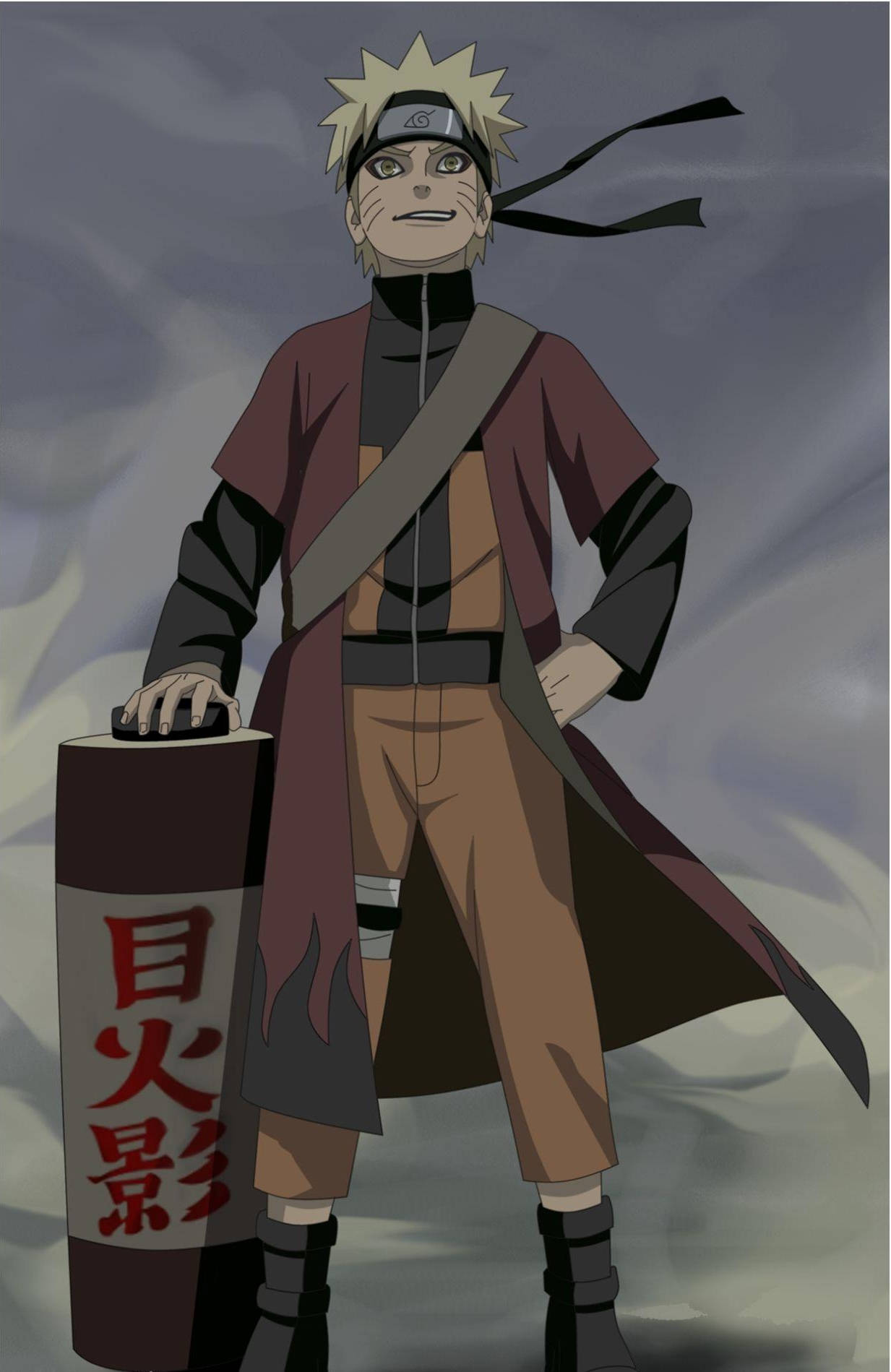 Naruto Gucci 桌布 壁紙 — 漩渦鳴人自信地穿著火影袍，在陰雲密布的天空下拿著卷軸。