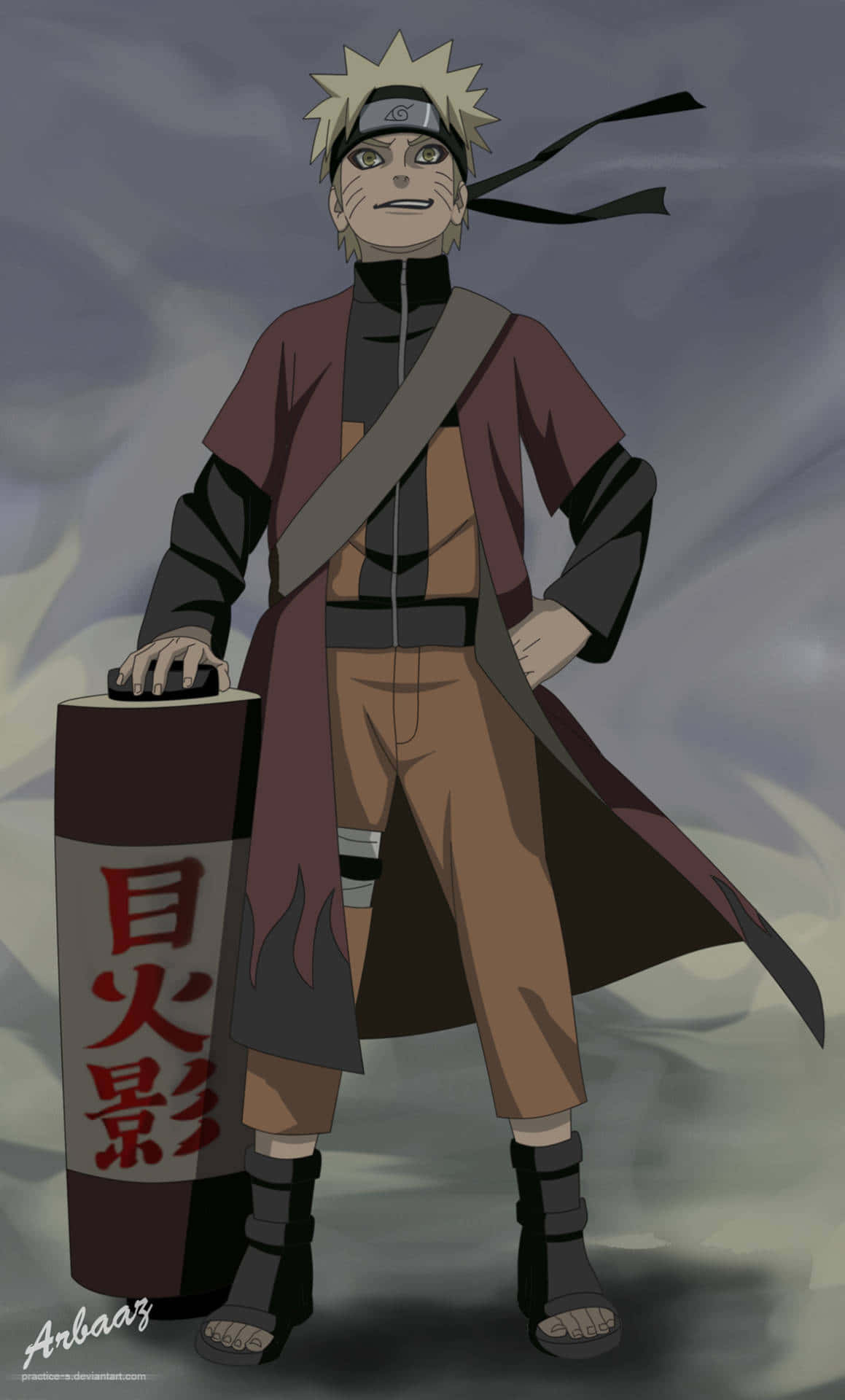 桌布 壁紙 — 漩渦鳴人自信地穿著火影袍，在陰雲天空背景下拿著卷軸。