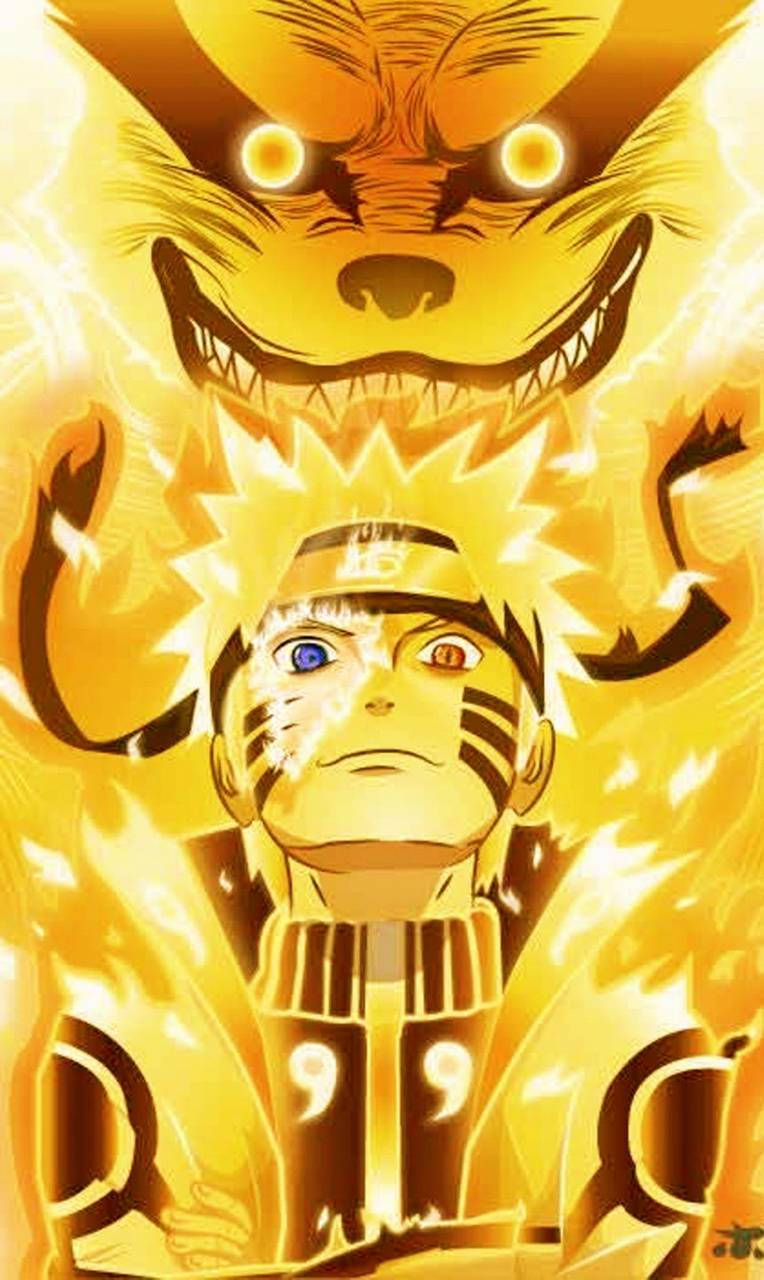 Yellow Naruto 桌布 壁紙 — 漩渦鳴人處於九尾查克拉模式，身後有一隻發光的金色狐狸散發出強烈的能量。
