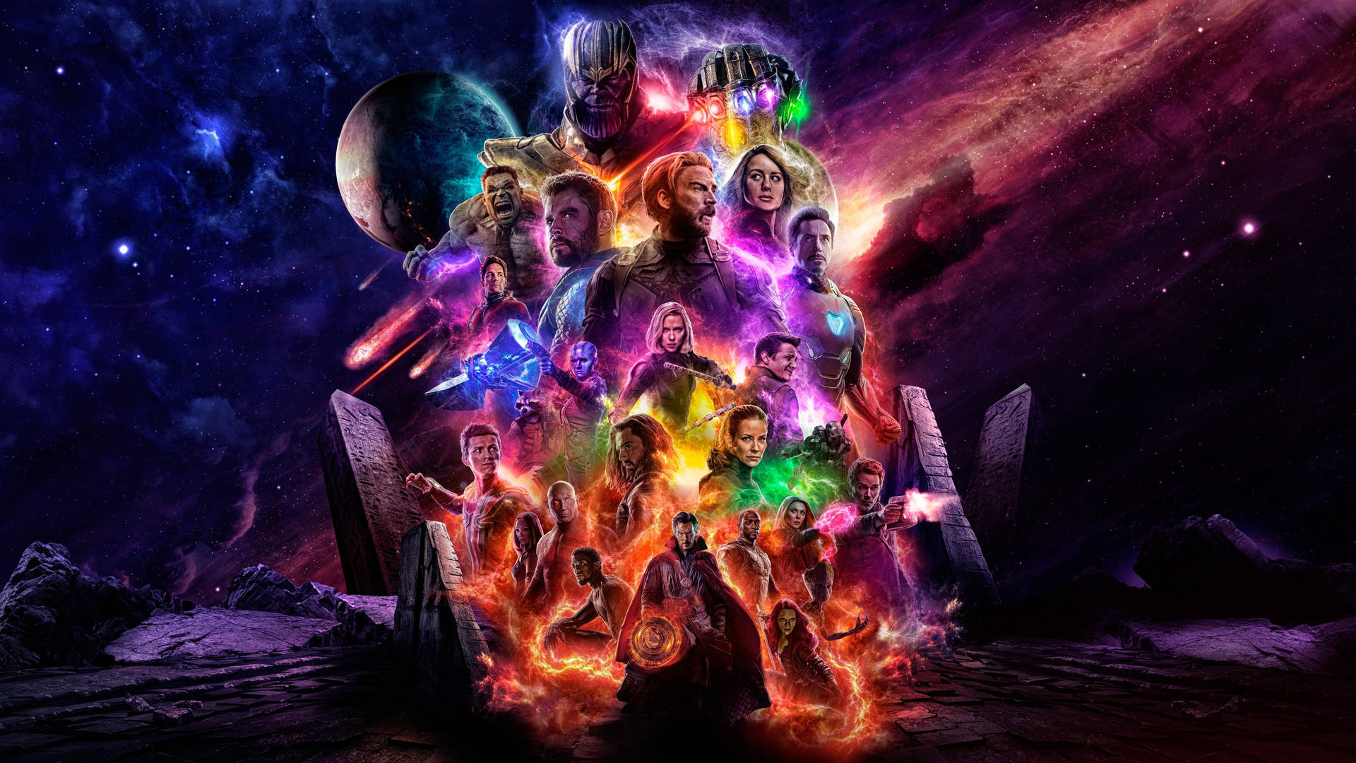  壁紙 — 漫威超級英雄和反派在充滿活力的星雲背景下，伴隨著發光能量效果的宇宙聚會。