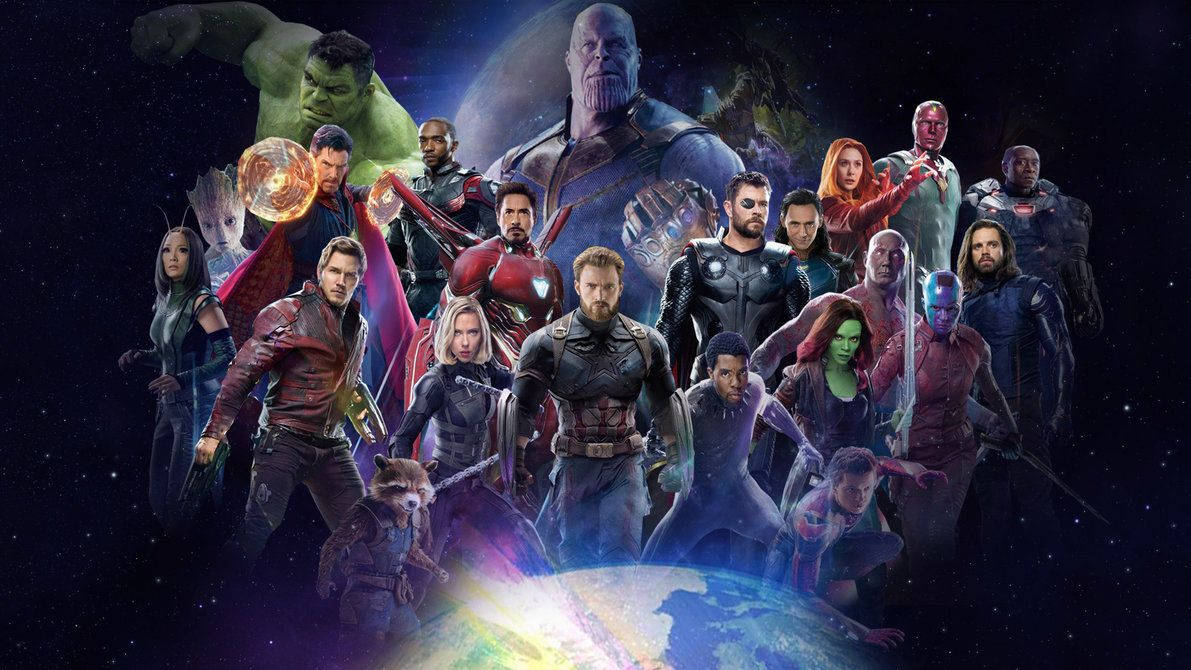 infinity 桌布 壁紙 — 漫威超級英雄和反派在星空背景下，地球下方的宇宙聚會。