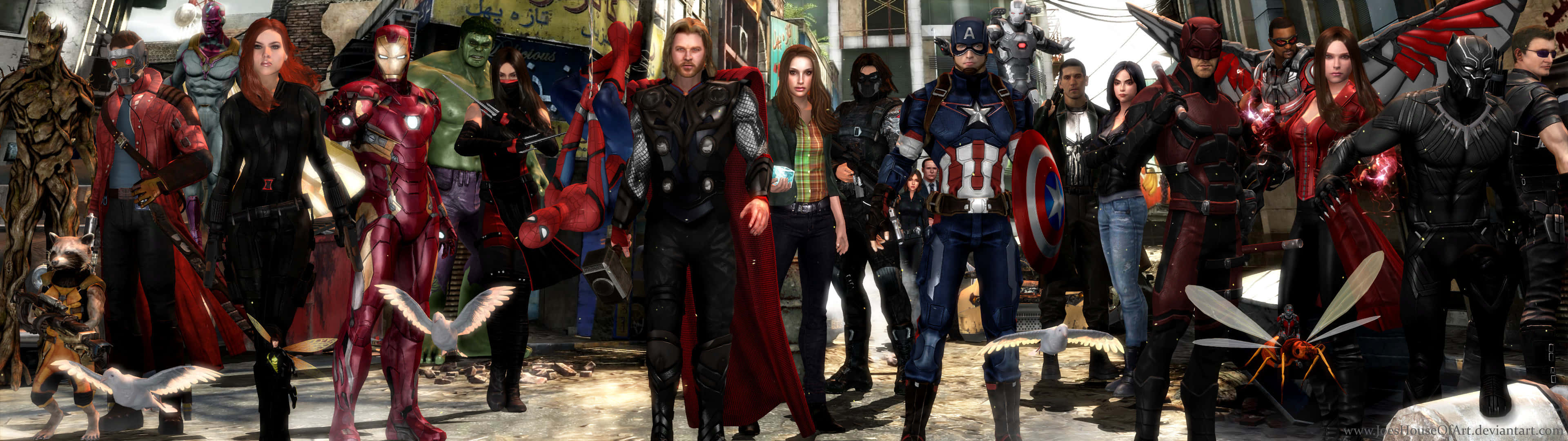Avengers Dual Screen 桌布 壁紙 — 漫威超級英雄與反派在動感都市場景中一同擺出姿勢的鮮明陣容。