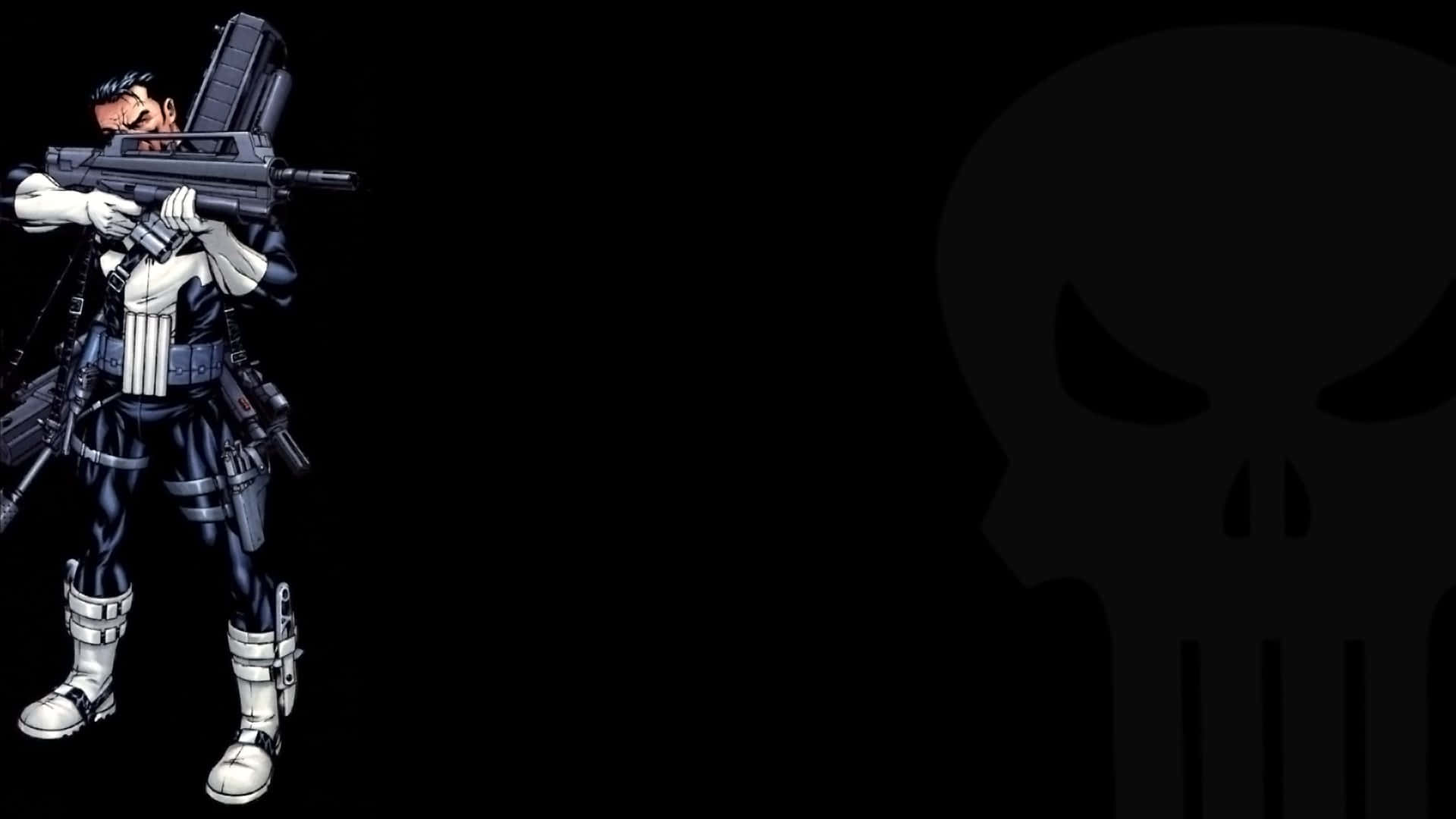 Punisher Desktop 桌布 壁紙 — 漫畫中的懲罰者以黑白風格站立，手持步槍，背後有一個骷髏標誌。
