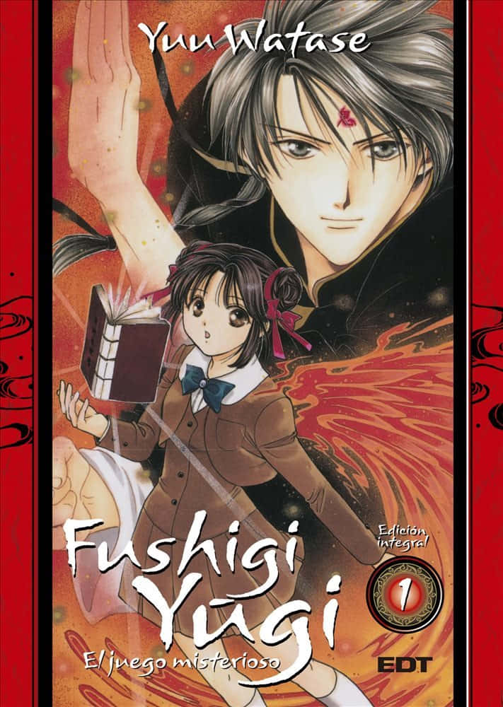 Fushigi Yuugi 桌布 壁紙 — 漫畫封面，一個年輕女孩拿著一本書，一個銀髮男子身上有紅色標記，背景是火熱的橙色。