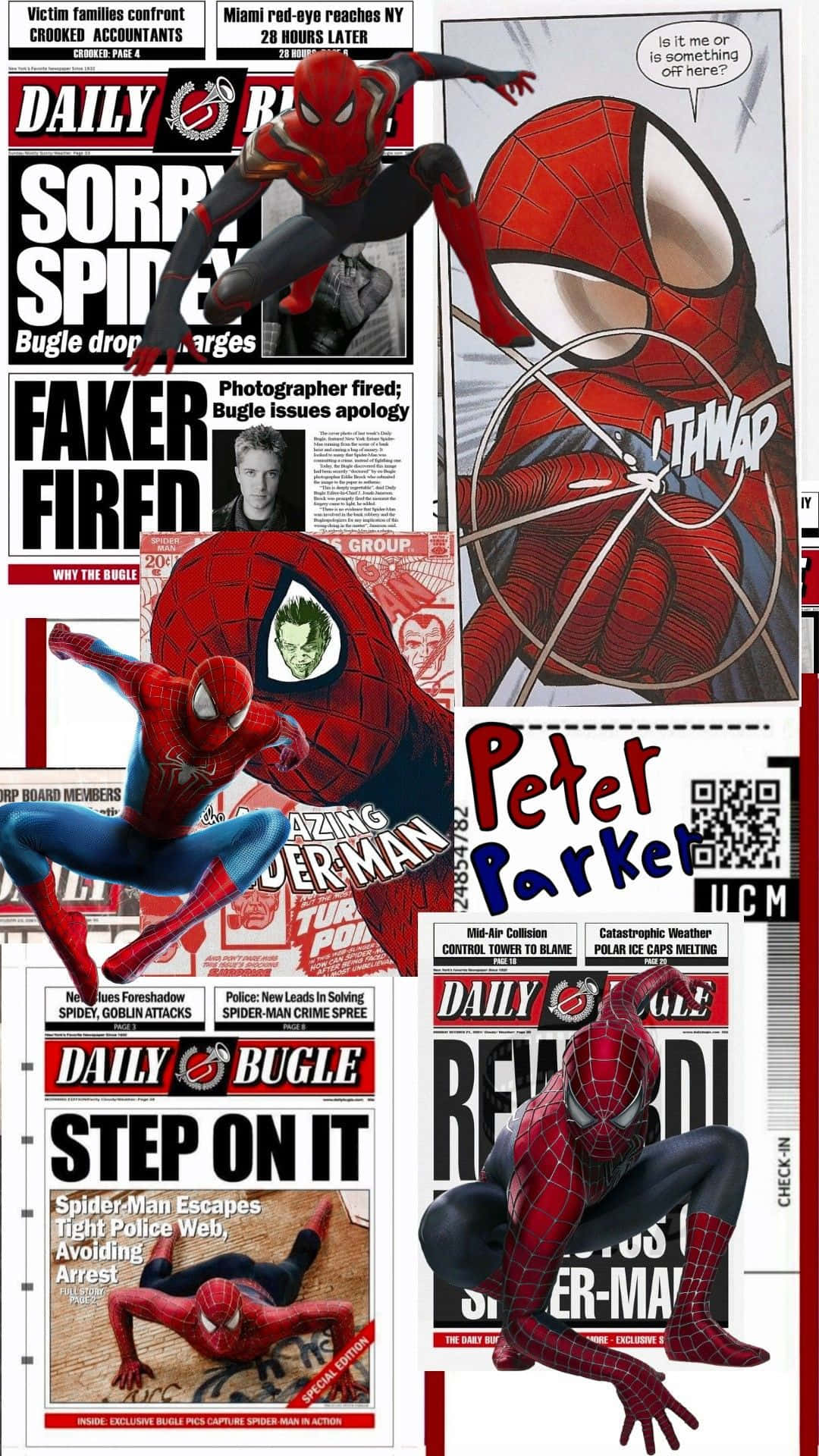Daily Bugle 桌布 壁紙 — 漫畫拼貼畫，以蜘蛛人在報紙頭條和漫畫面板中的動態姿勢為特色。