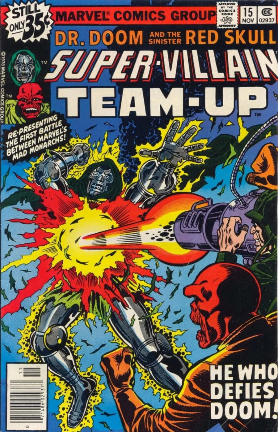 Supervillain Team-up 桌布 壁紙 — 漫畫書封面 featuring Dr. Doom 和 Red Skull 在動態戰鬥中，帶有能量爆炸和1970年代大膽的漫畫藝術。