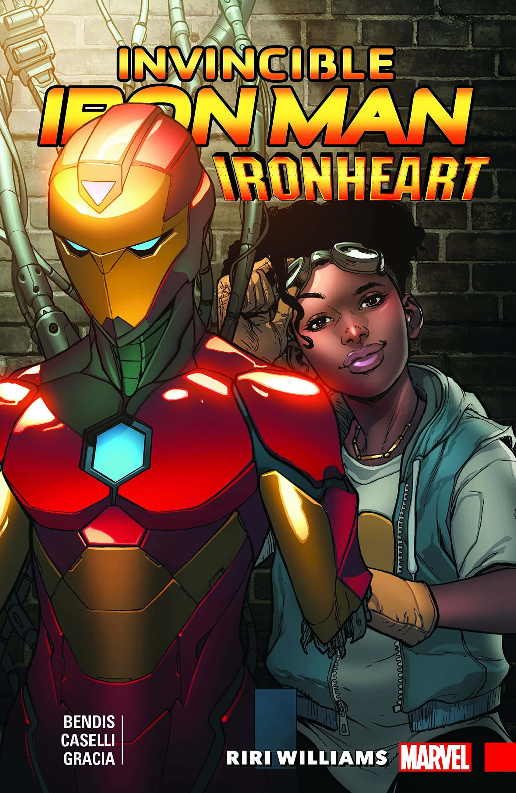 Ironheart 桌布 壁紙 — 漫畫書封面，Ironheart 身穿紅色和金色盔甲，站在 Riri Williams 旁邊，背景是磚牆。