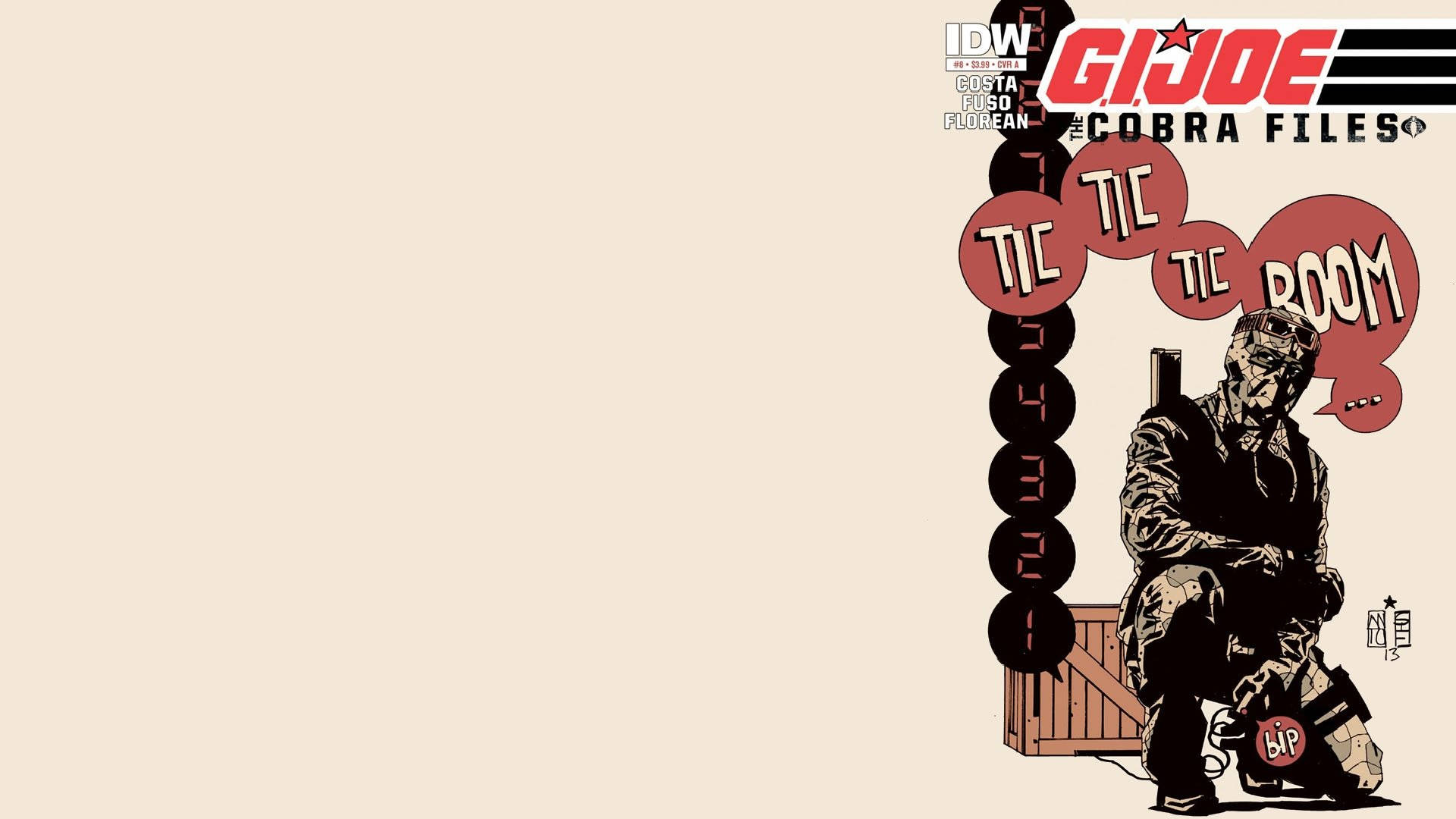 Gi Joe 桌布 壁紙 — 漫畫書封面，一名士兵蹲在木箱旁，紅色對話框寫著 tic tic tic boom，背景為米色。