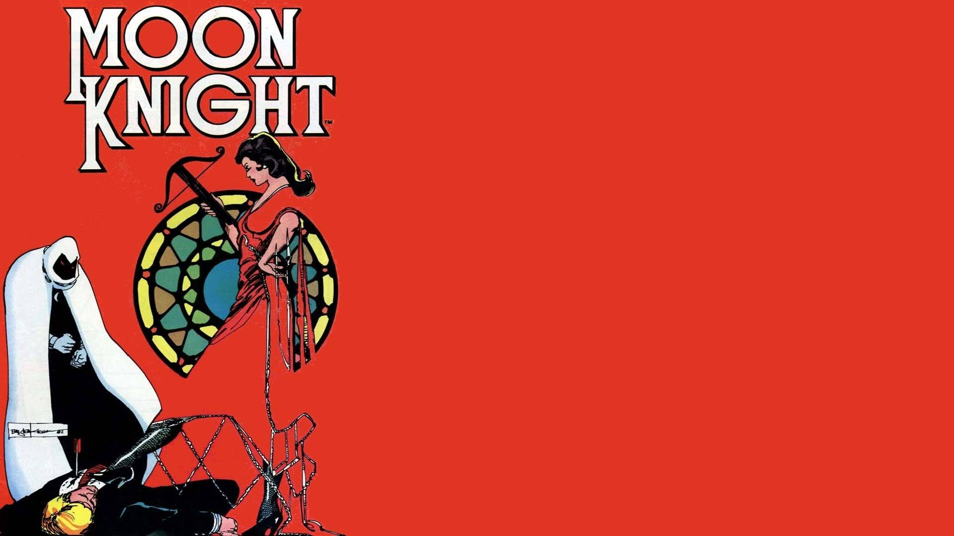 Moon Knight 桌布 壁紙 — 漫畫書封面，描繪了身穿白色連帽服裝的月光騎士和一位手持弓箭的紅衣女子，背景為大膽的紅色。