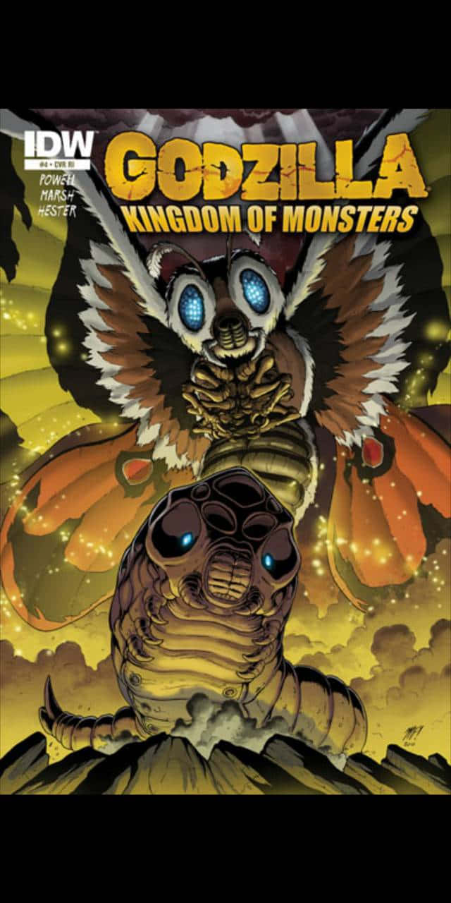 mothra 桌布 壁紙 — 漫畫書封面，描繪兩隻擁有發光藍色眼睛和羽毛翅膀的巨型怪物，背景是火紅的黃色天空。