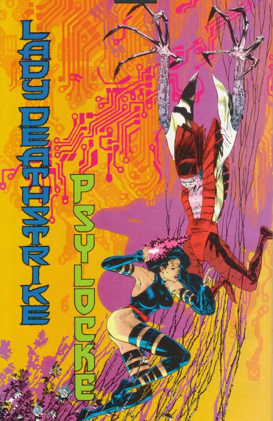 Lady Deathstrike 桌布 壁紙 — 漫畫書封面，靈蝶以動態姿勢呈現，背景是充滿活力的電路板，還有帶有威脅性的爪手。