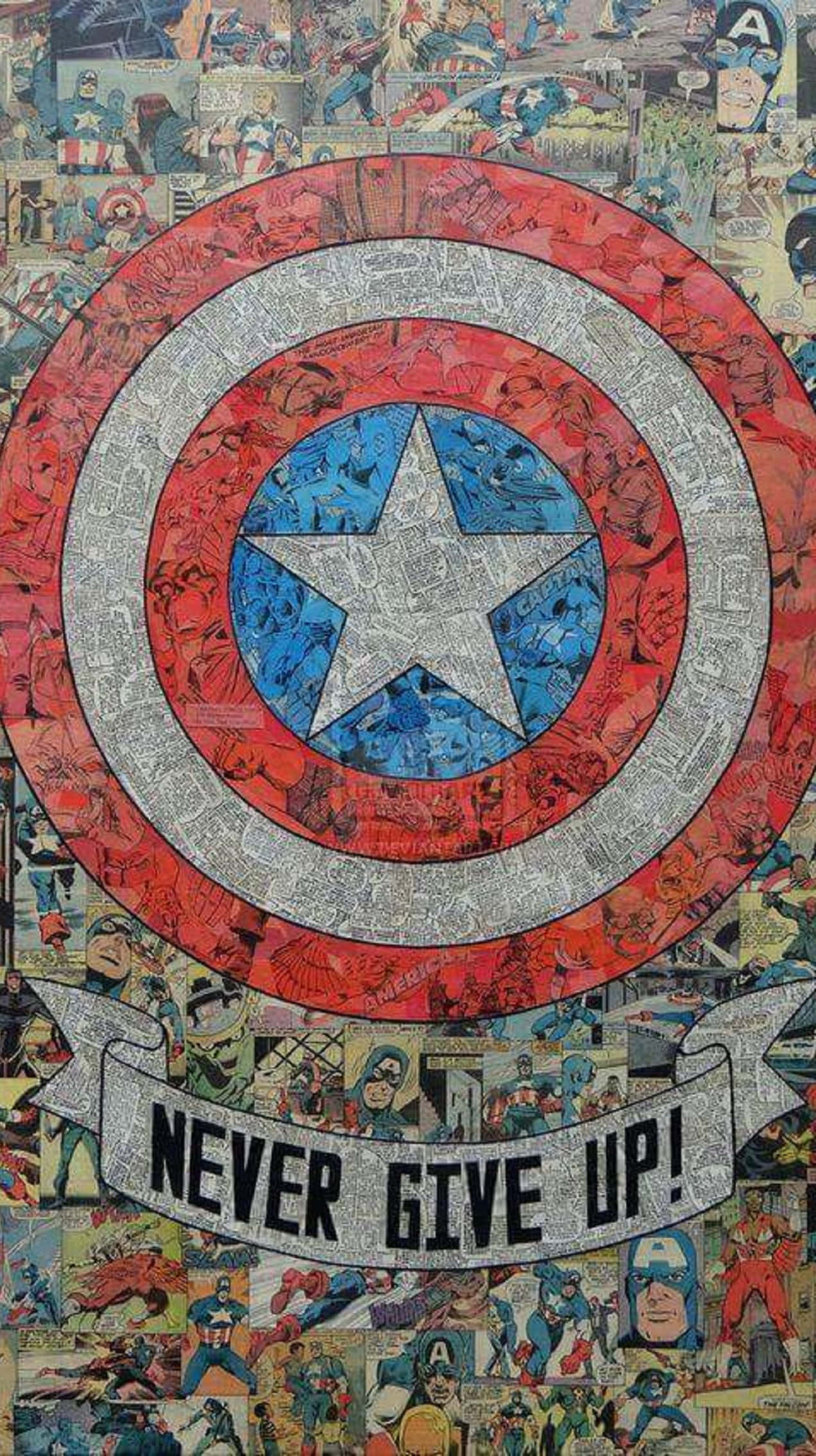Retro Captain America 桌布 壁紙 — 漫畫書拼貼形成一個巨大的美國隊長盾牌，上面有橫幅寫著永不放棄。