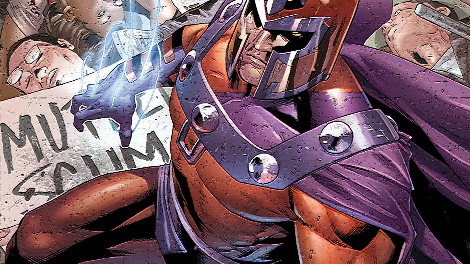 Magneto 桌布 壁紙 — 漫畫書插圖，描繪萬磁王穿著他標誌性的紫色和紅色盔甲，對一群變種人施展磁力。