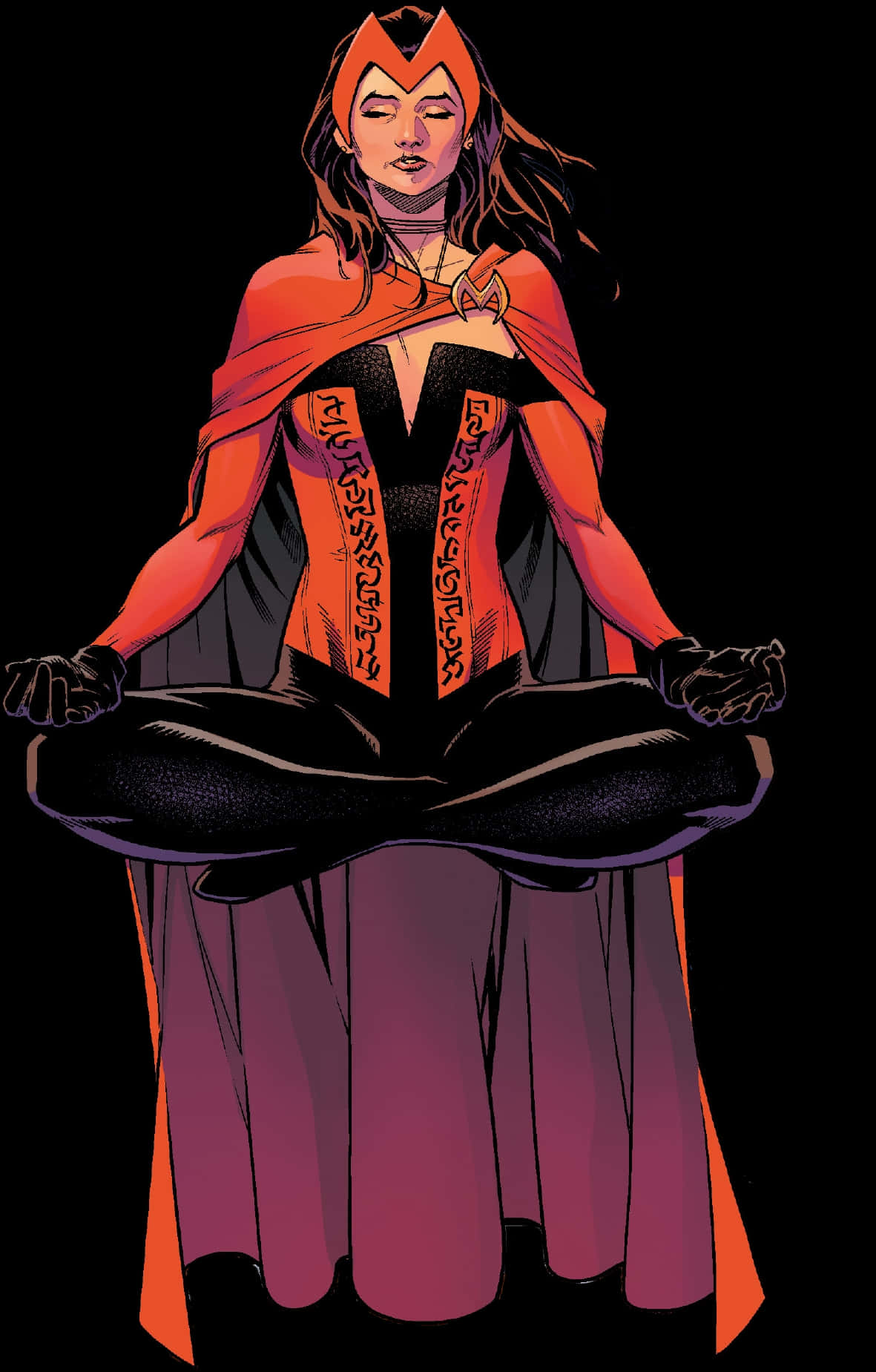 Scarlet Witch 桌布 壁紙 — 漫畫書插圖，緋紅女巫以冥想姿勢穿著她標誌性的紅黑服裝，背景為黑色。