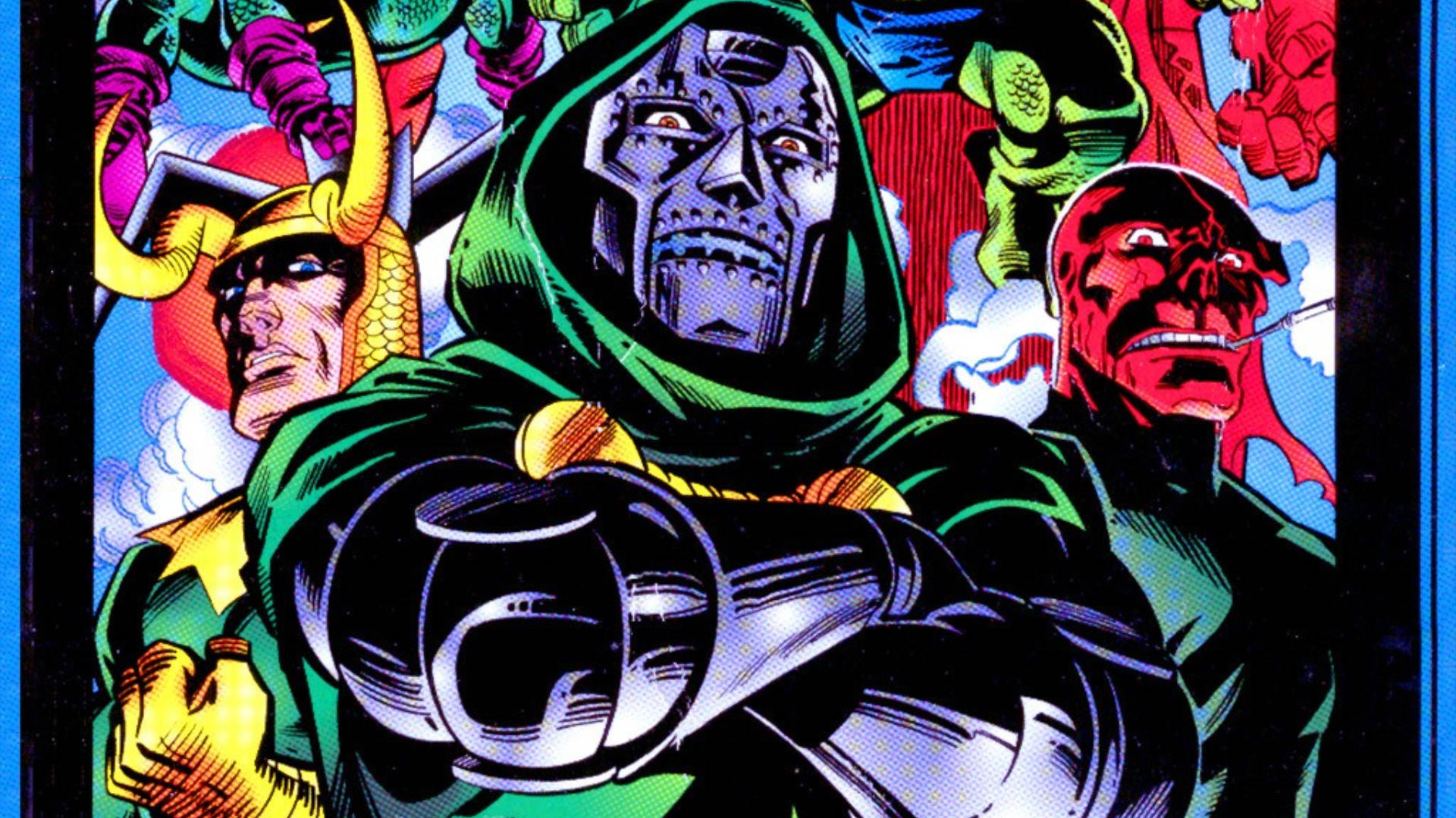 Villains 桌布 壁紙 — 漫畫書面板， featuring Doctor Doom 穿著綠色斗篷和金屬盔甲，背景有 Loki 和 Red Skull。