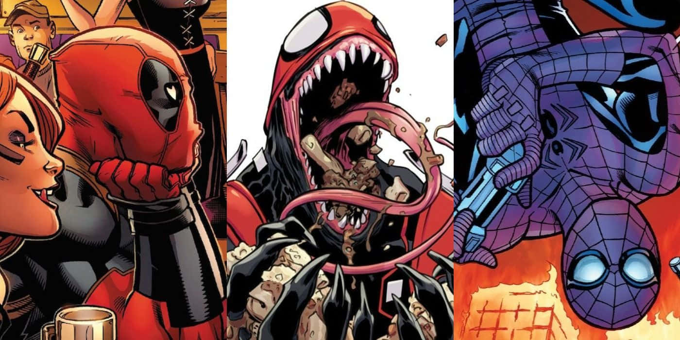 Deadpool And Spiderman 桌布 壁紙 — 漫畫書面板三人組 featuring Deadpool、Venom 和 Spider-Man，以鮮豔色彩和粗線條呈現動態動作姿勢。