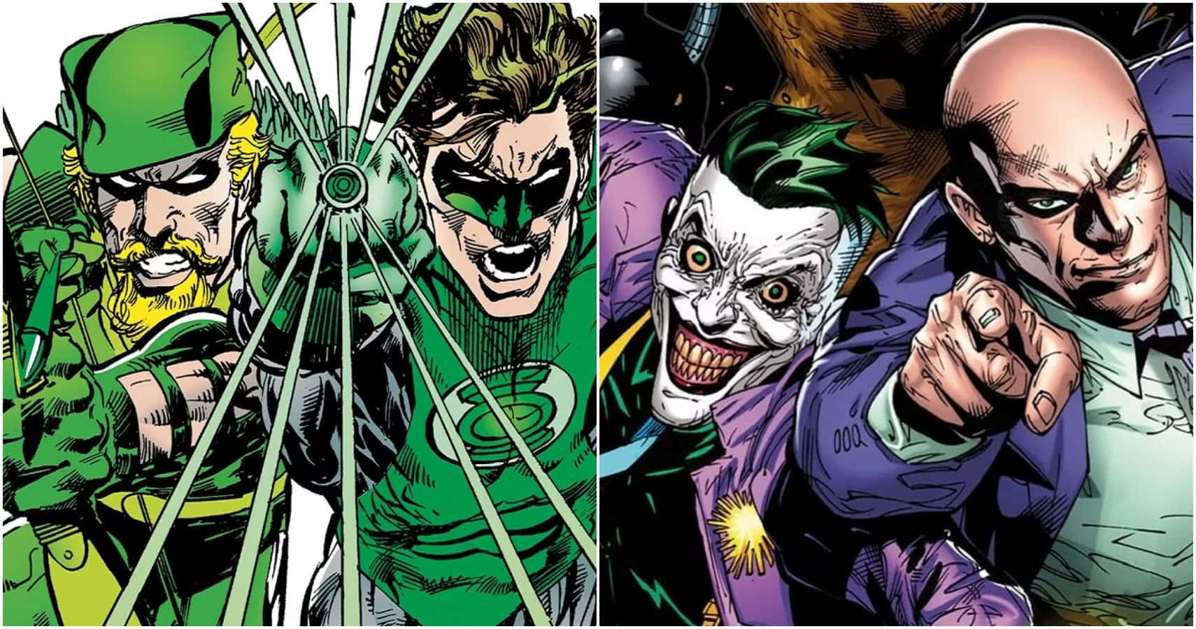 Supervillain Team-up 桌布 壁紙 — 漫畫書面板分割，左邊是綠箭俠和綠燈俠，右邊是與小丑和雙面人對峙。