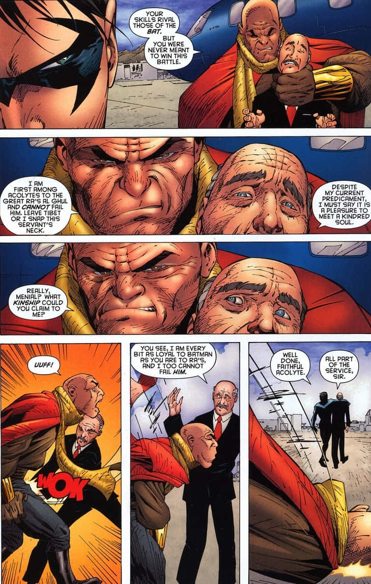Alfred Pennyworth 桌布 壁紙 — 漫畫書面板描繪一個肌肉發達的光頭男子穿著紅色斗篷抓住一個驚恐的男子，而對話揭示了涉及蝙蝠俠和拉斯·阿爾·古爾的緊張對峙。
