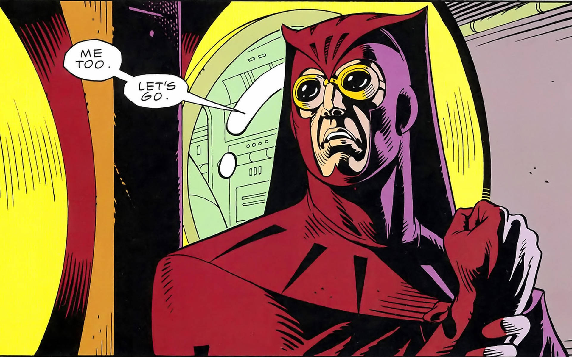 Watchmen 桌布 壁紙 — 漫畫書面板顯示一個身穿紅色套裝、戴著黃色護目鏡的超級英雄在太空船內部大喊「ME TOO LET'S GO」。