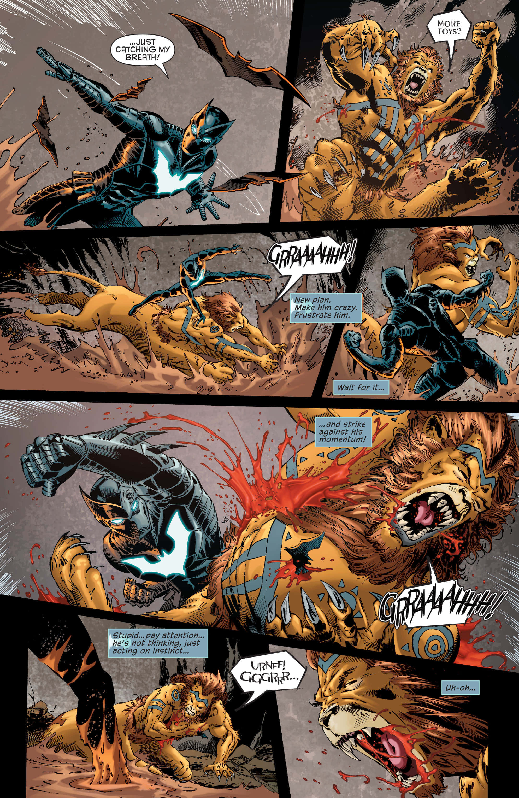 Batwing 桌布 壁紙 — 漫畫書面板顯示一個身穿黑色西裝的英雄與一隻咆哮的獅子狀生物在一場粗獷、動作激烈的戰鬥場景中搏鬥。