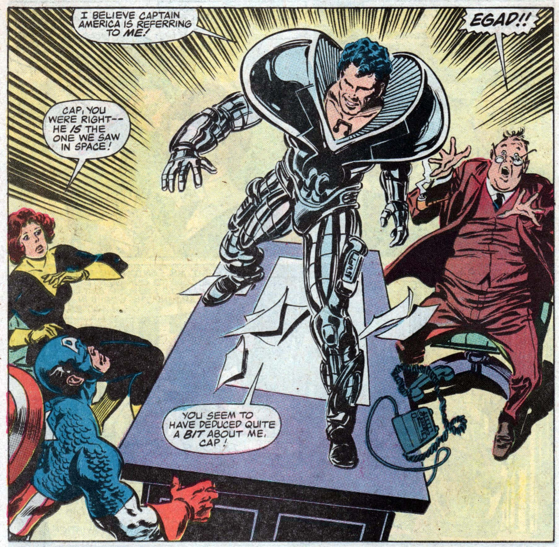 Beyonder 桌布 壁紙 — 漫畫書面板顯示一個金屬裝甲超級英雄從書桌上跳起，美國隊長和其他人震驚地反應。
