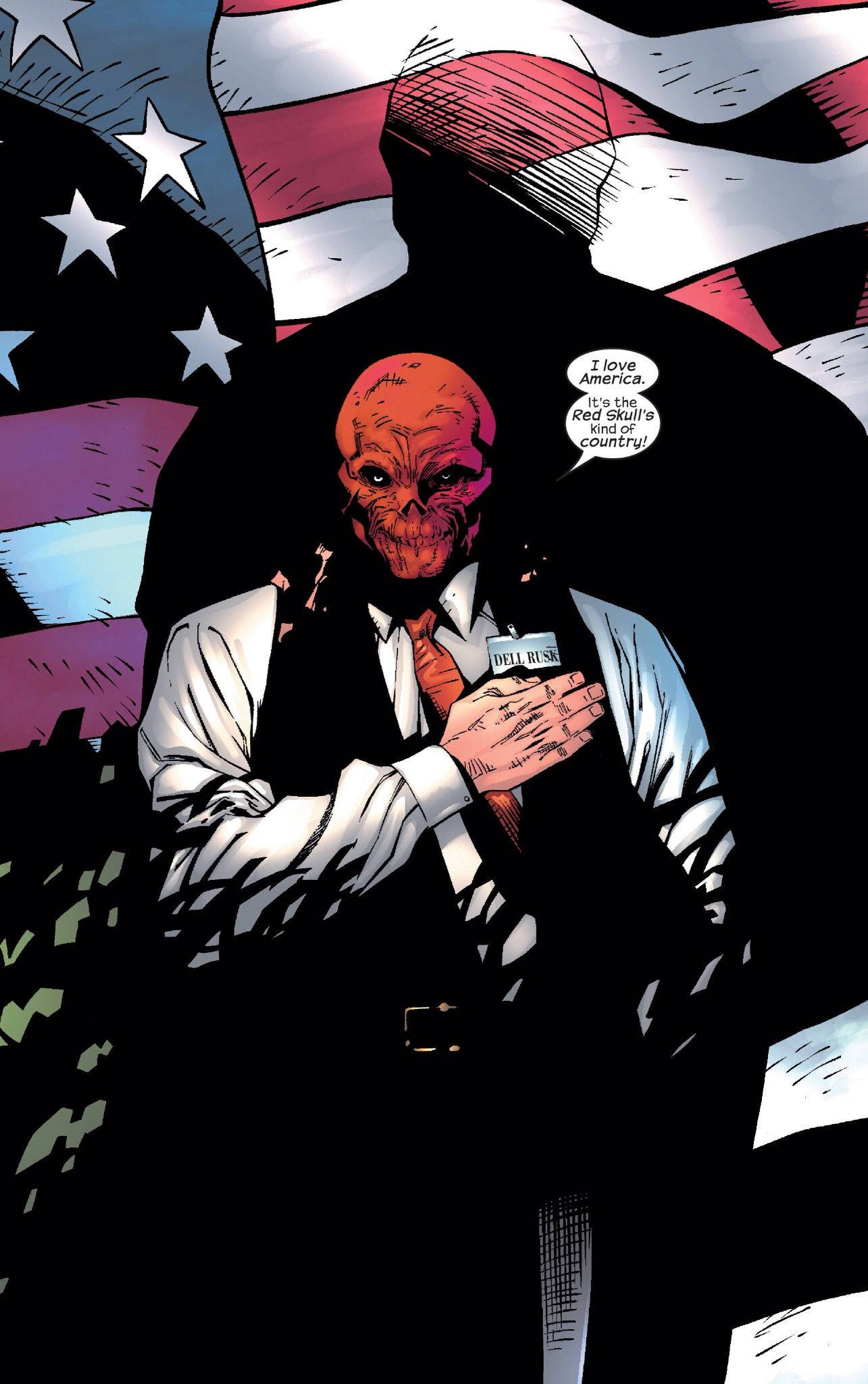 Red Skull 桌布 壁紙 — 漫畫書面板顯示紅骷髏穿著西裝，手持「Hell Raiser」卡牌，背景為風格化的美國國旗。