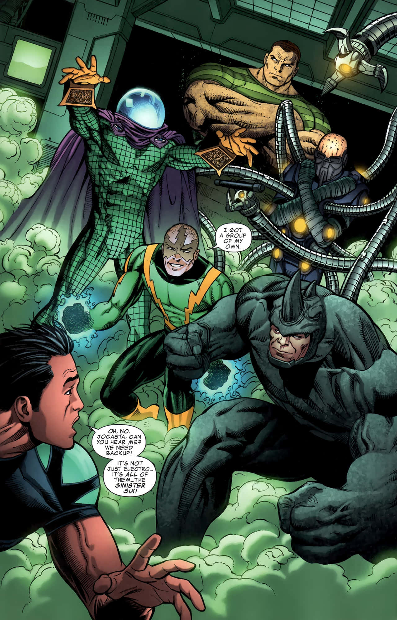 Sinister Six 桌布 壁紙 — 漫畫書面板顯示蜘蛛人在綠色煙霧繚繞的實驗室環境中與八爪博士和其他反派對峙。