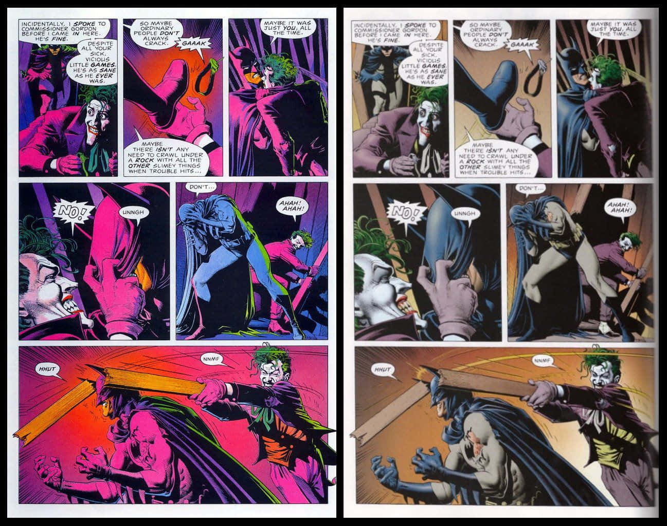 The Killing Joke 桌布 壁紙 — 漫畫書面板顯示蝙蝠俠和小丑在暴力對抗中，帶有鮮豔的紫色、粉紅色和紅色色調。