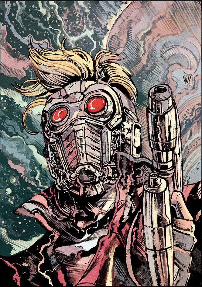 Star Lord 桌布 壁紙 — 漫畫書風格插圖，描繪一個擁有紅色發光眼睛和金色頭髮的生化人，在宇宙背景下手持武器。