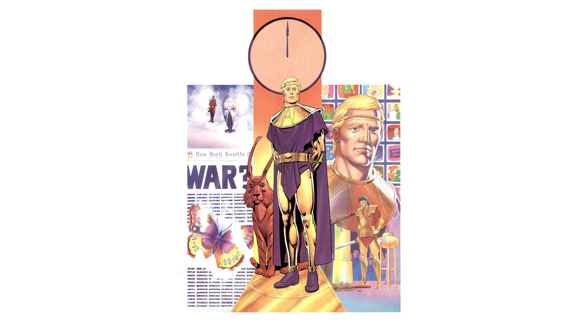Watchmen 桌布 壁紙 — 漫畫書風格插圖，金色盔甲人物站在獅子旁邊，上方有報紙剪報和時鐘。