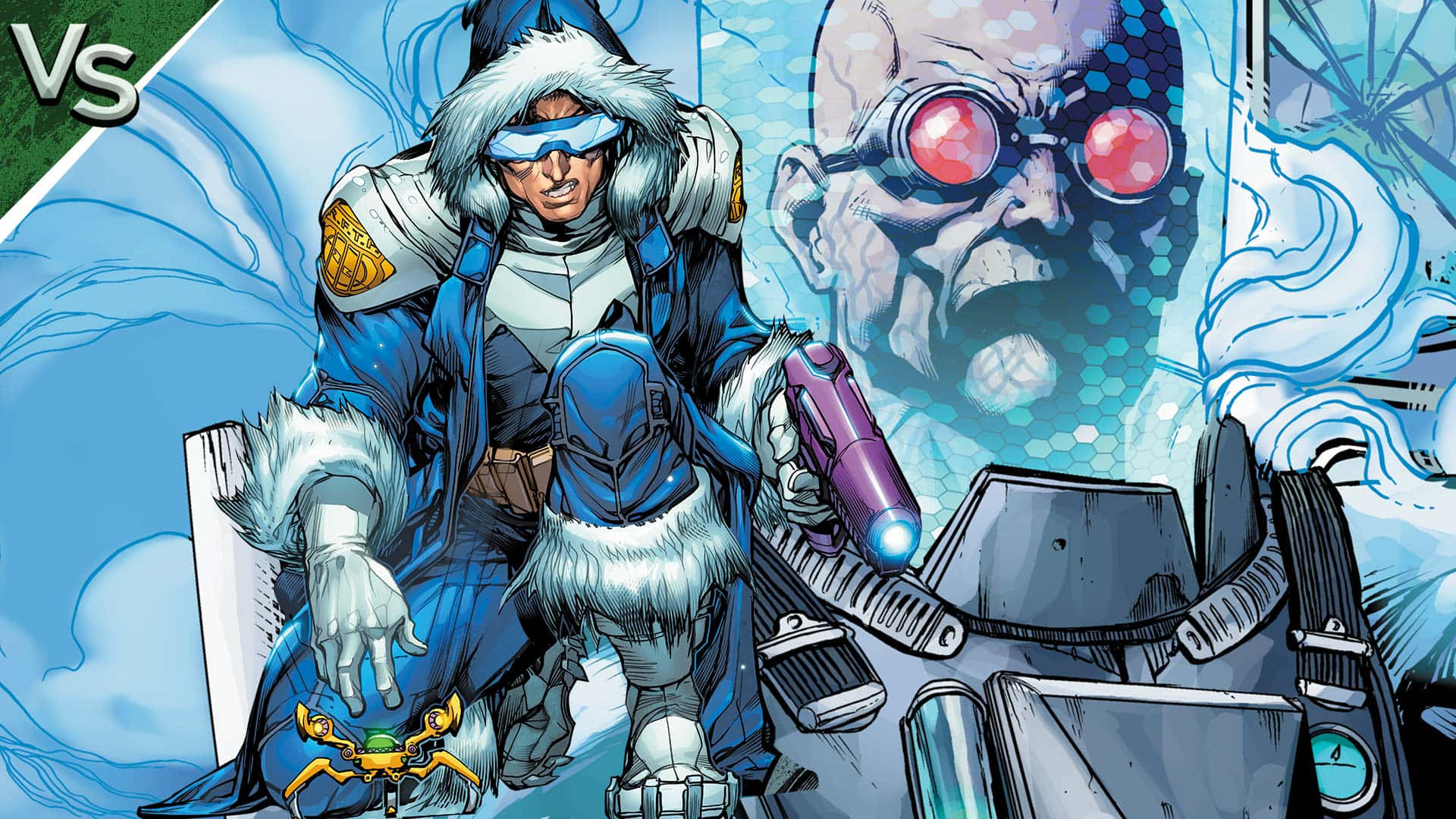 Mr Freeze 桌布 壁紙 — 漫畫書風格的對決，一位穿著毛皮襯裡盔甲的冰霜主題英雄與一位擁有發光紅眼的威脅性反派。