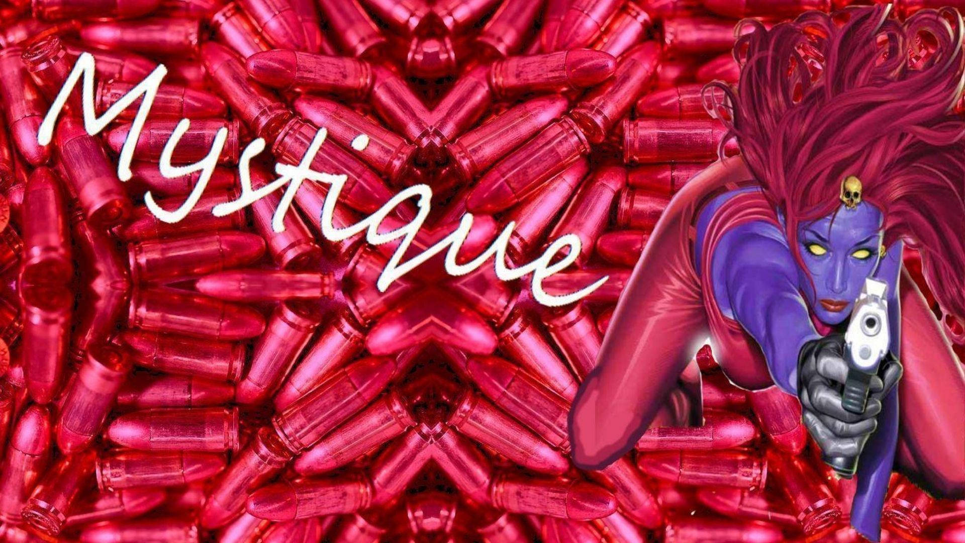 Mystique 桌布 壁紙 — 漫畫書風格的插圖，描繪了魔形女拿著槍，背景是鏡面反射的紅色子彈。