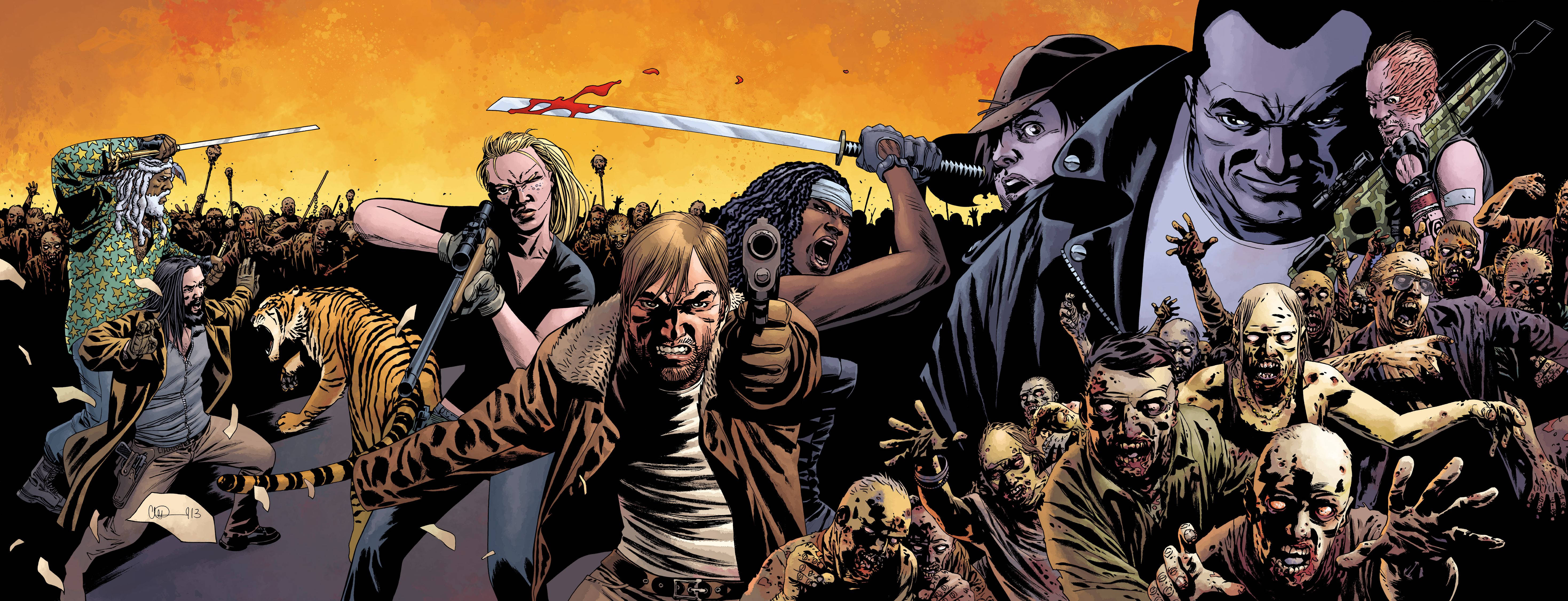 Negan 桌布 壁紙 — 漫畫書風格的插圖，描繪倖存者在火紅橙色天空下與一群殭屍戰鬥。