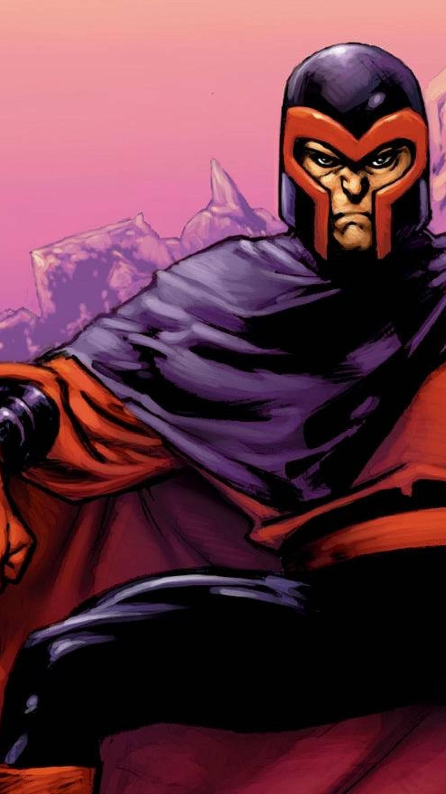Magneto 桌布 壁紙 — 漫畫書風格的萬磁王肖像，身穿標誌性的紫色和紅色服裝，背景是粉紅色和紫色的山脈。