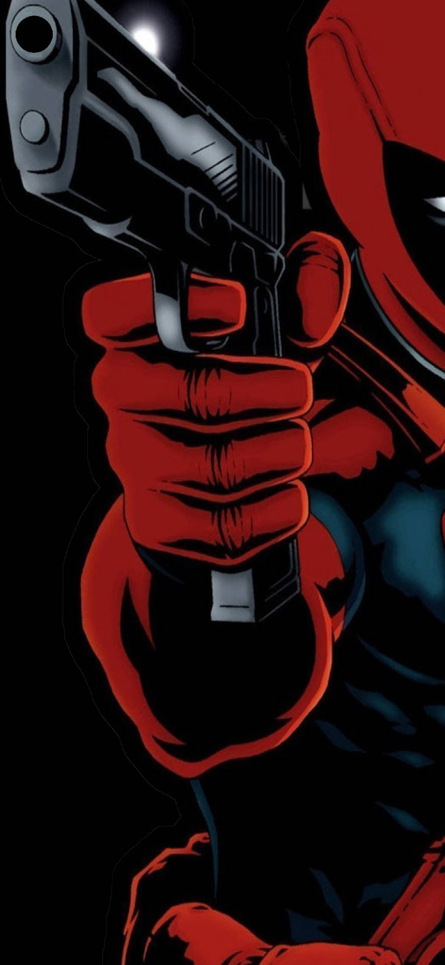 戴紅色手套的手以漫畫書風格握著一把銀色手槍。