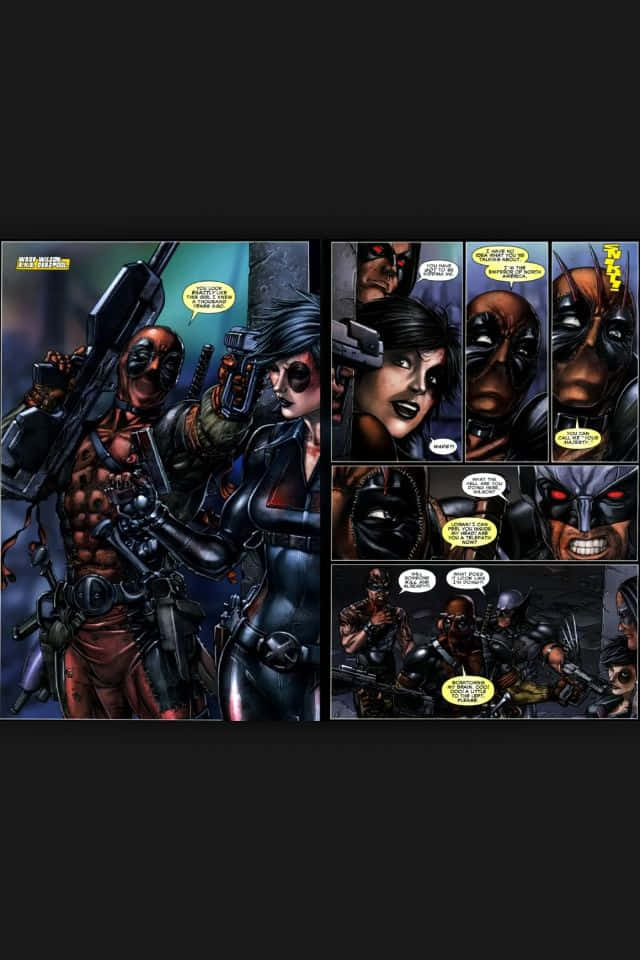 Deadpool And Domino 桌布 壁紙 — 漫畫格中描繪死侍與身穿暗色戰術裝備的女刺客，手持槍械並帶有對話氣泡。