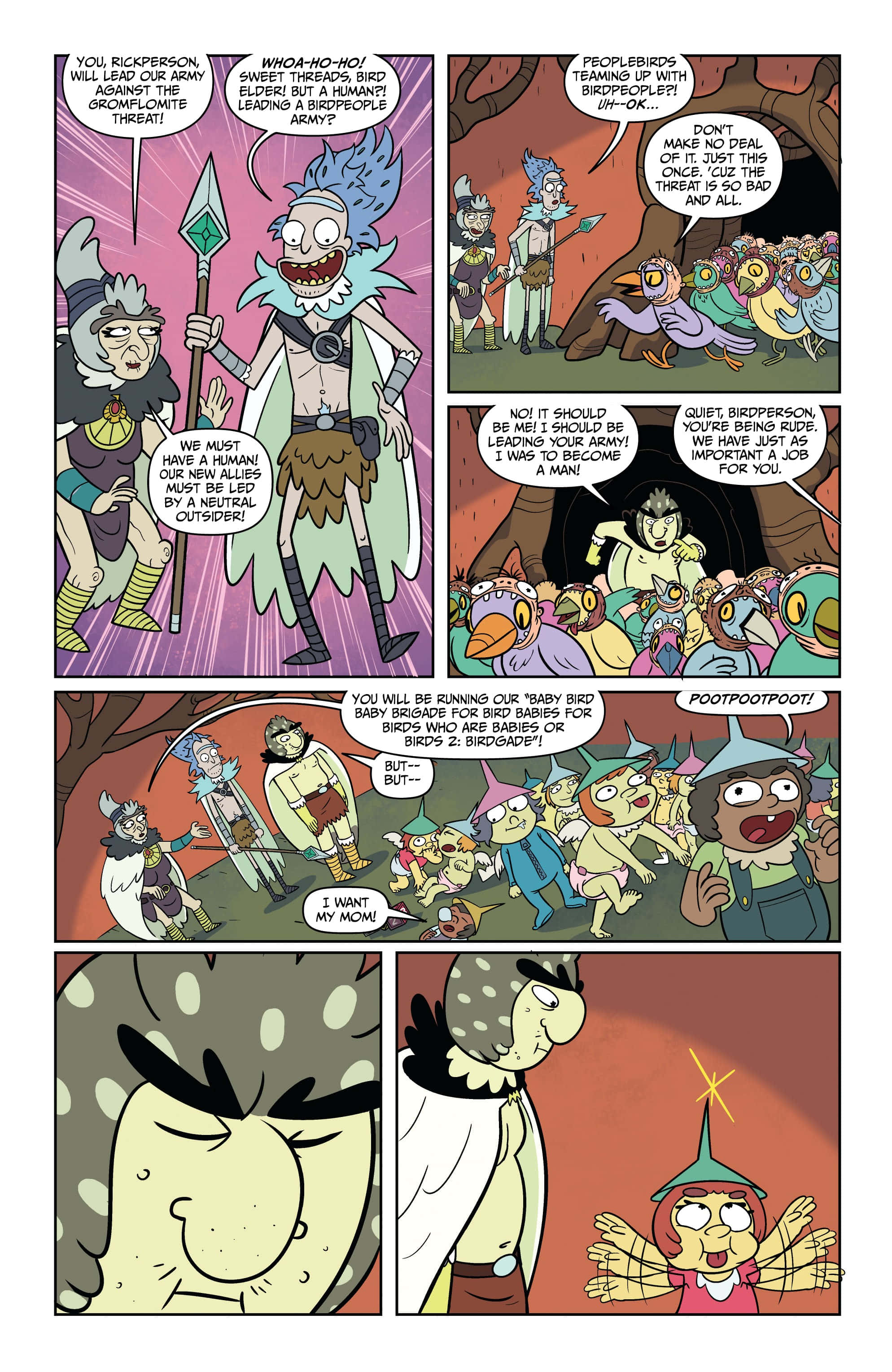 Birdperson 桌布 壁紙 — 漫畫格中的卡通角色以誇張的表情和鮮豔的色彩討論領導力和照顧雛鳥。