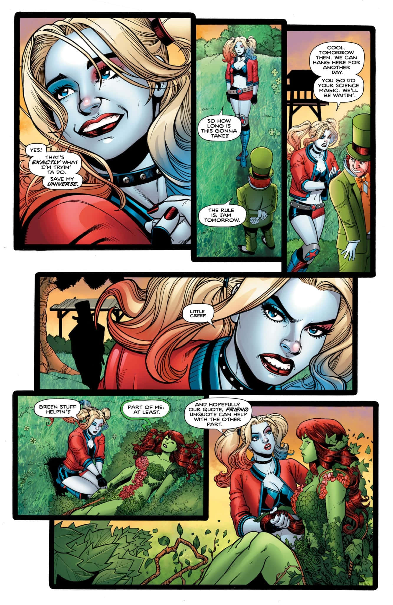 Harley Quinn And Poison Ivy 桌布 壁紙 — 漫畫格中的哈莉·奎茵在茂密的綠色森林環境中與毒藤女互動。