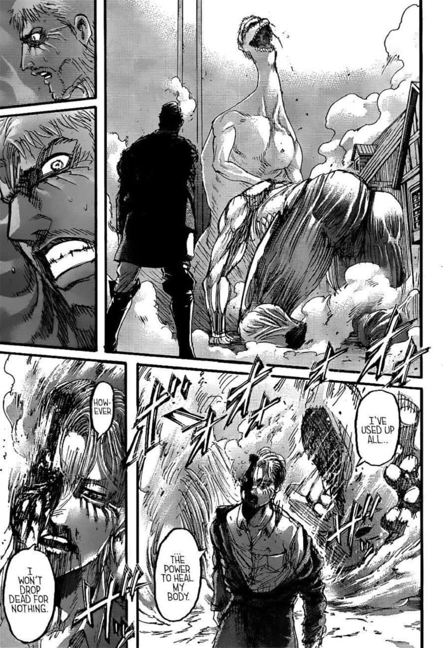 Manga Series 桌布 壁紙 — 漫畫格中顯示一個巨大的巨人倒下，一名穿制服的男人在旁觀看，對話框揭示了絕望的戰鬥吶喊和疲憊。