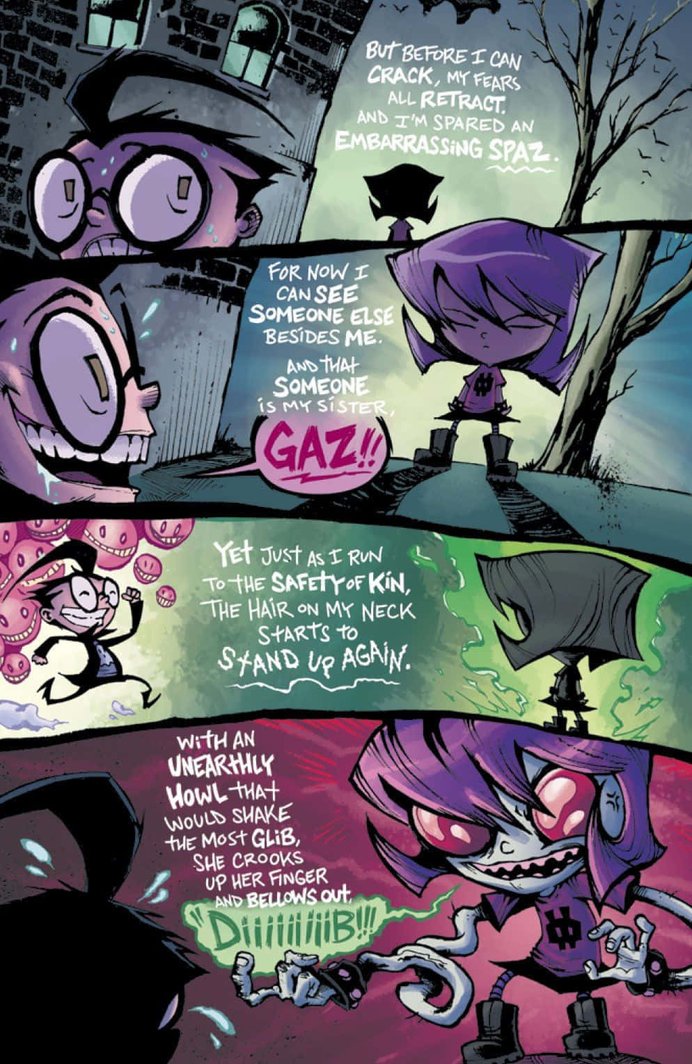 Invader Zim 桌布 壁紙 — 漫畫格中顯示一個紫色頭髮的角色因恐懼而尖叫，同時一個怪物般的身影撲來，對話氣泡揭示了瘋狂的追逐和兄弟姐妹的揭露。