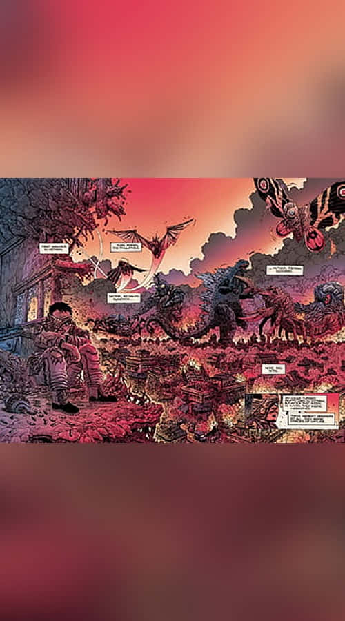 Godzilla Comic 桌布 壁紙 — 漫畫格中顯示一名孤獨的士兵身處火海戰場，周圍有巨型怪物和飛行生物，天空血紅。